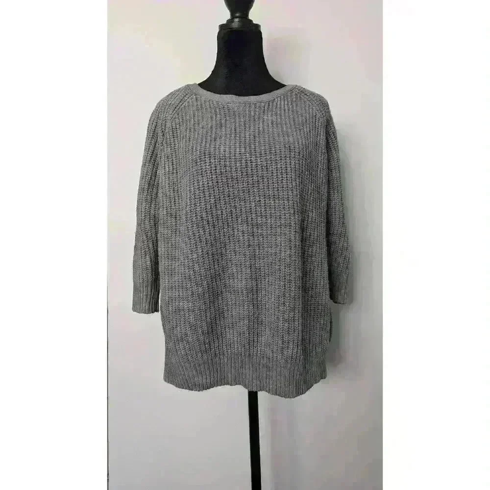 Gray 3/4 Sleeve Knit Sweater Open Back Detail Olivia Sky